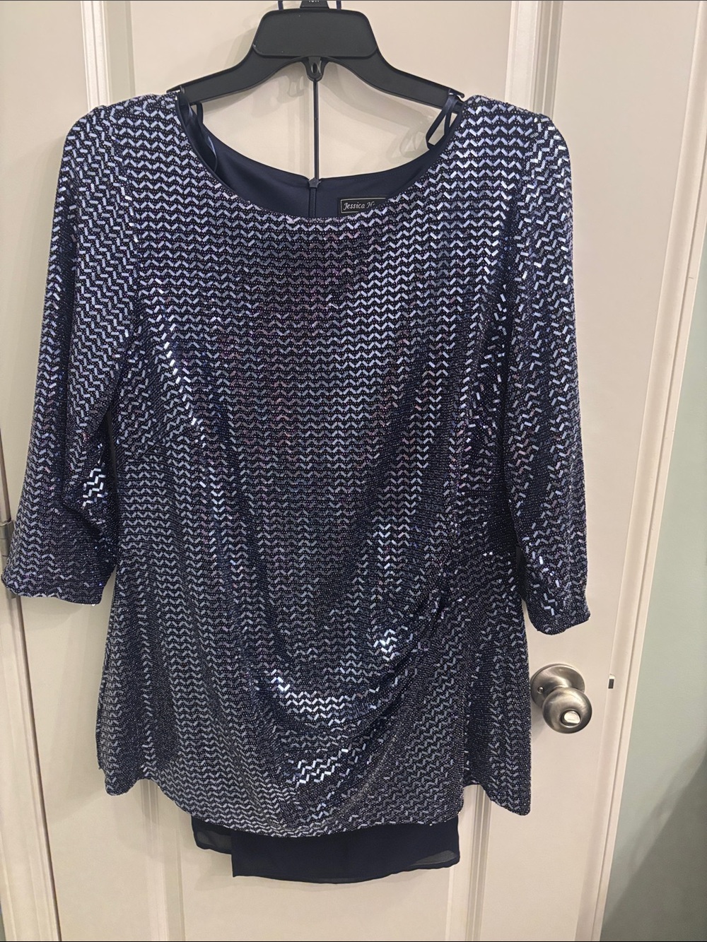 Jessica Howard Navy Sequin Draped Front Blouse